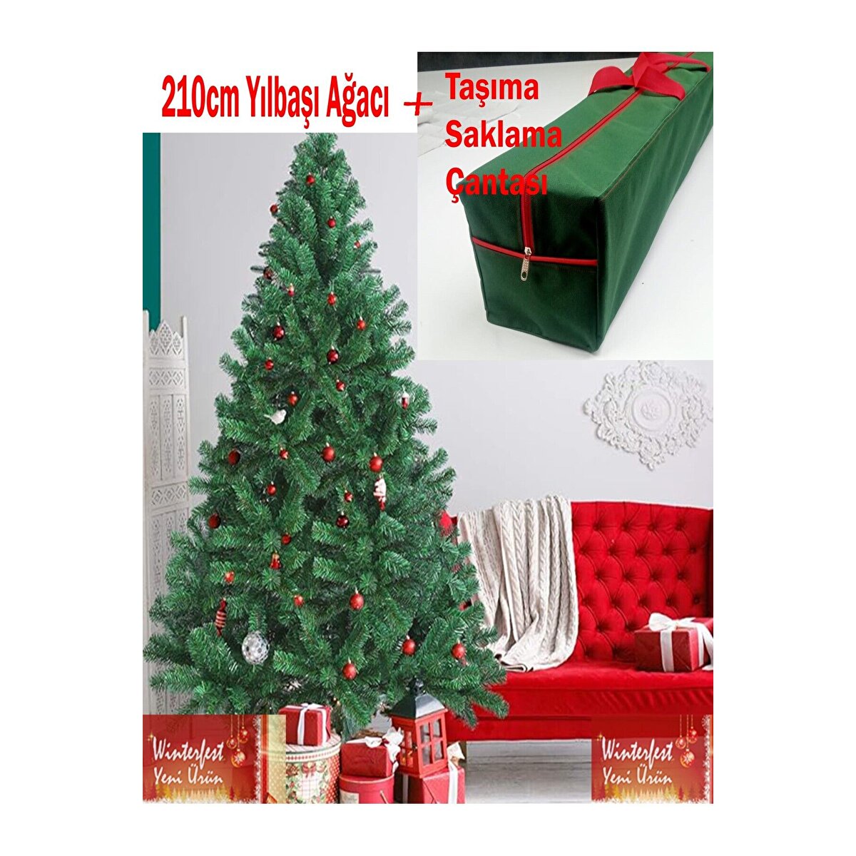 Yılbaşı Çam Ağacı 210 Cm 800 Gür Dallı Ve Taşıma Çantalı