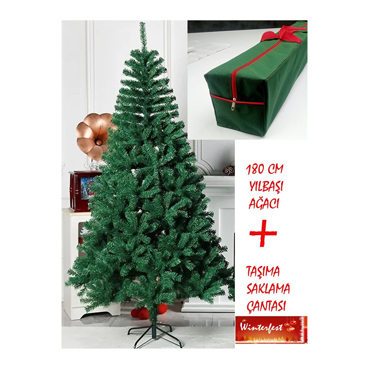 Yılbaşı Çam Ağacı 180 Cm Gerçek Görsel 600 Dal Demir Ayak Demir Gövdeli Taşıma Çantası Hediyeli